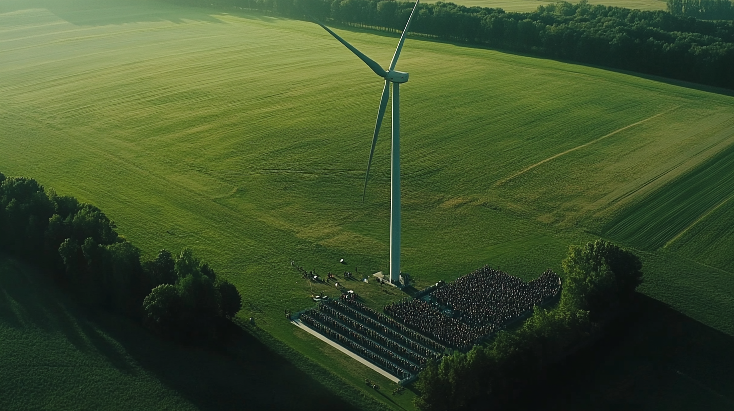 Film scene with wind turbine, crowd on bleachers.