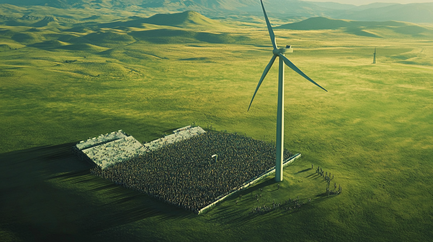 Film still of crowd near wind turbine outdoors.