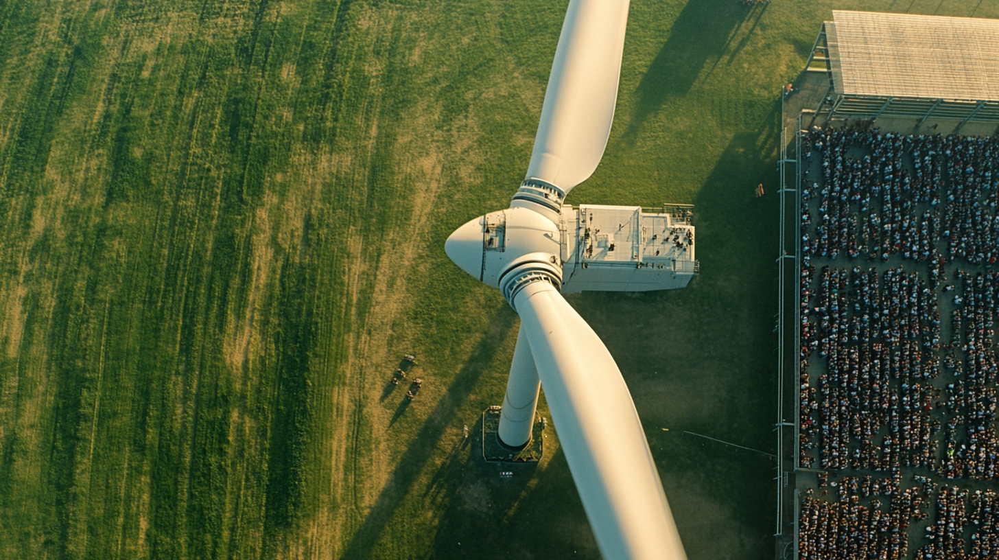 Film still of wind turbine in green field, crowd.