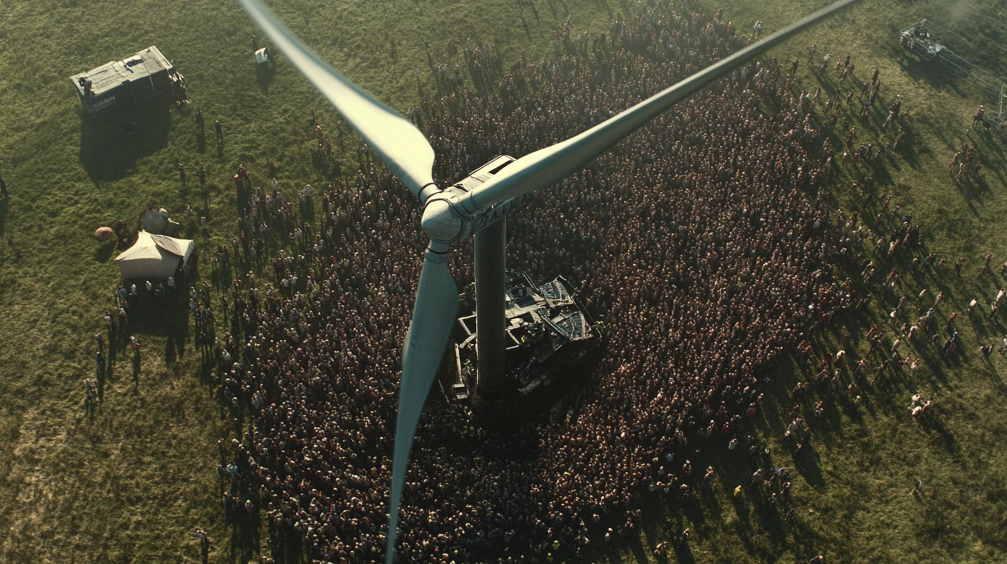 Film still with crowd around wind turbine.