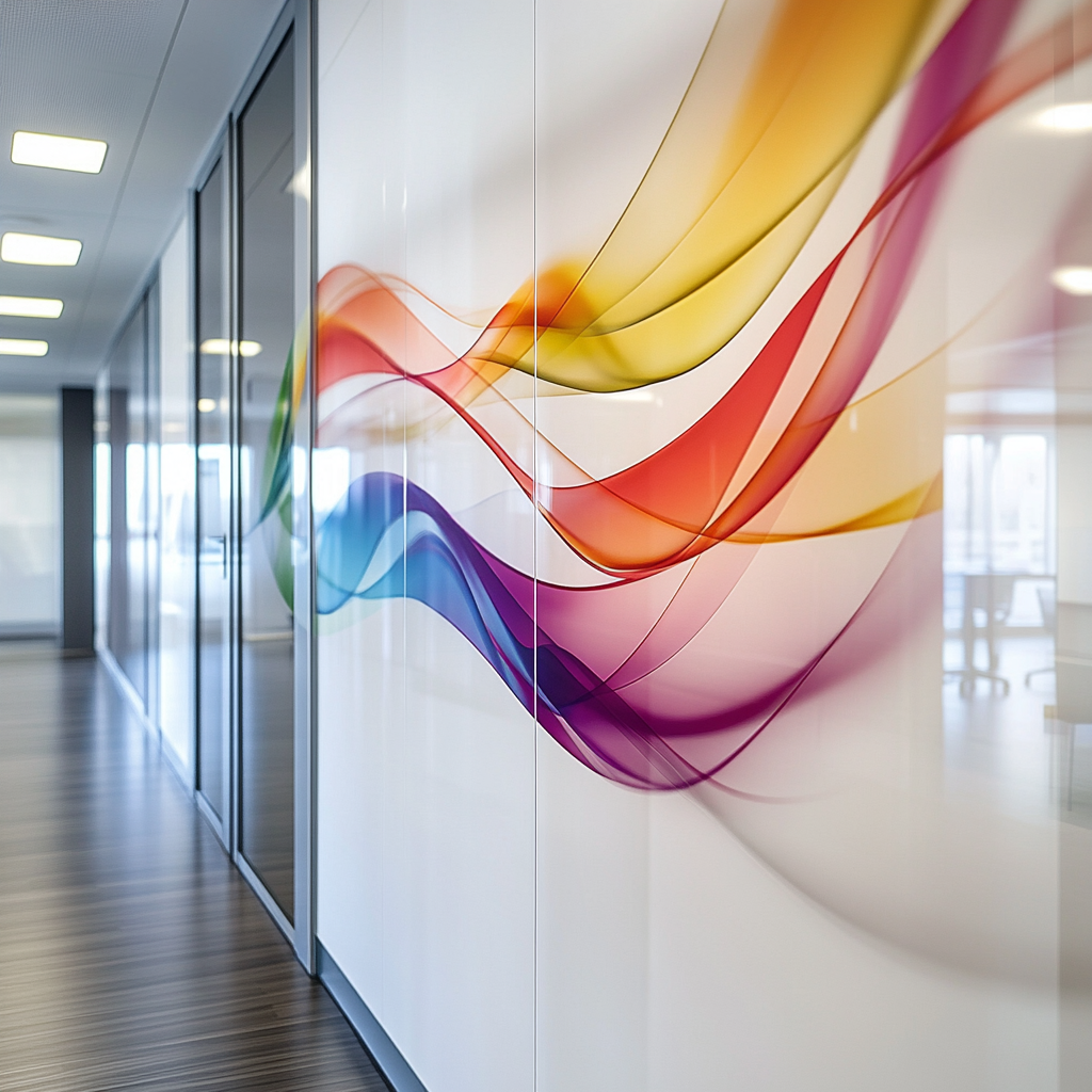 Film with vibrant designs on office wall, sleek decor.