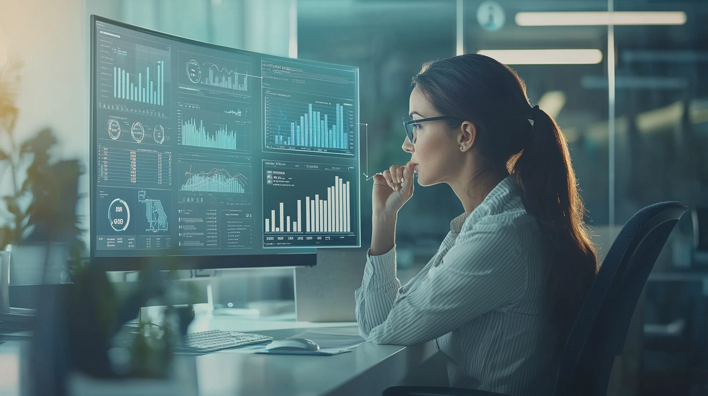 Financial Executive Analyzing Data on Computer Screen.