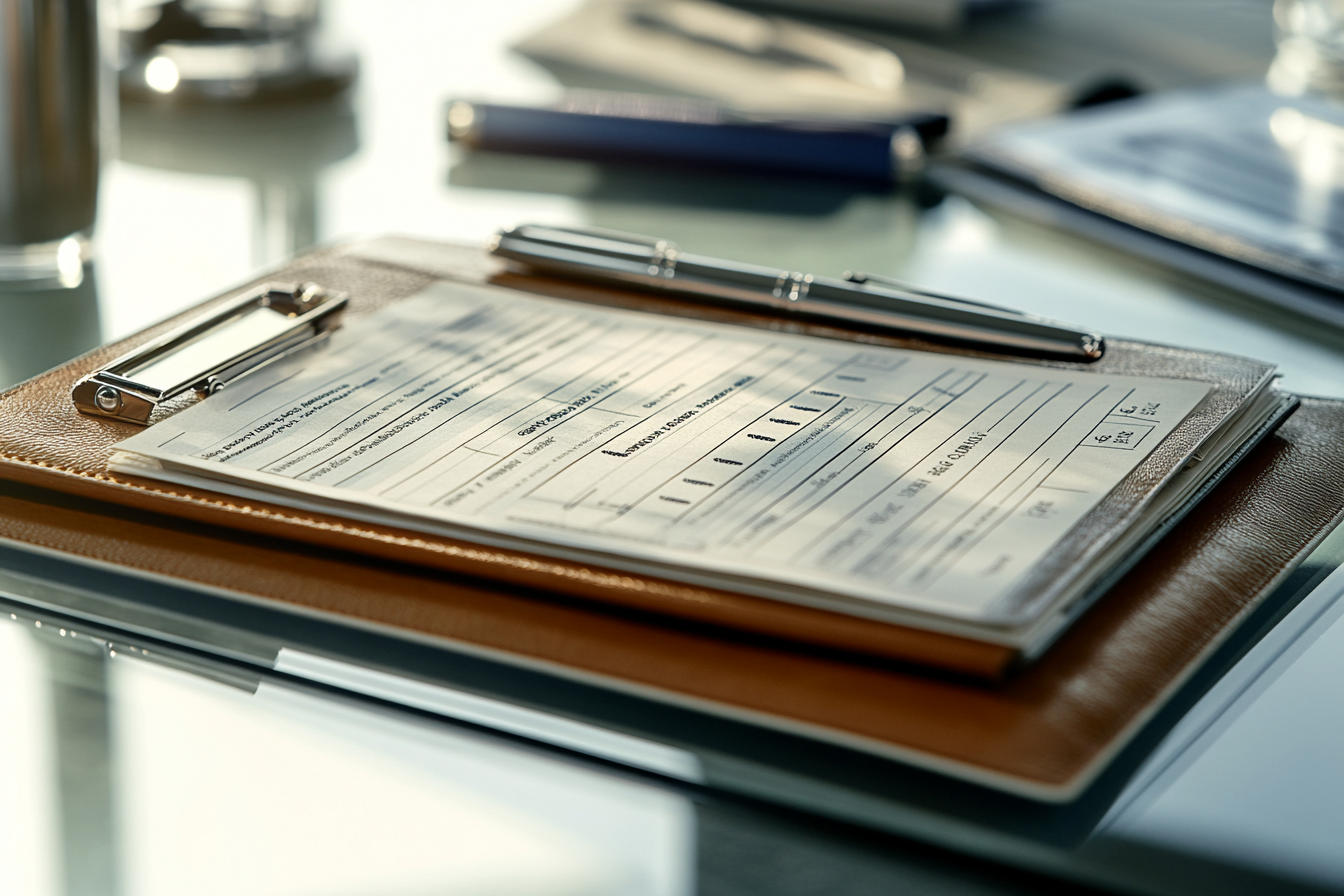 Financial Planning Notebook on Glass Desk with Pen