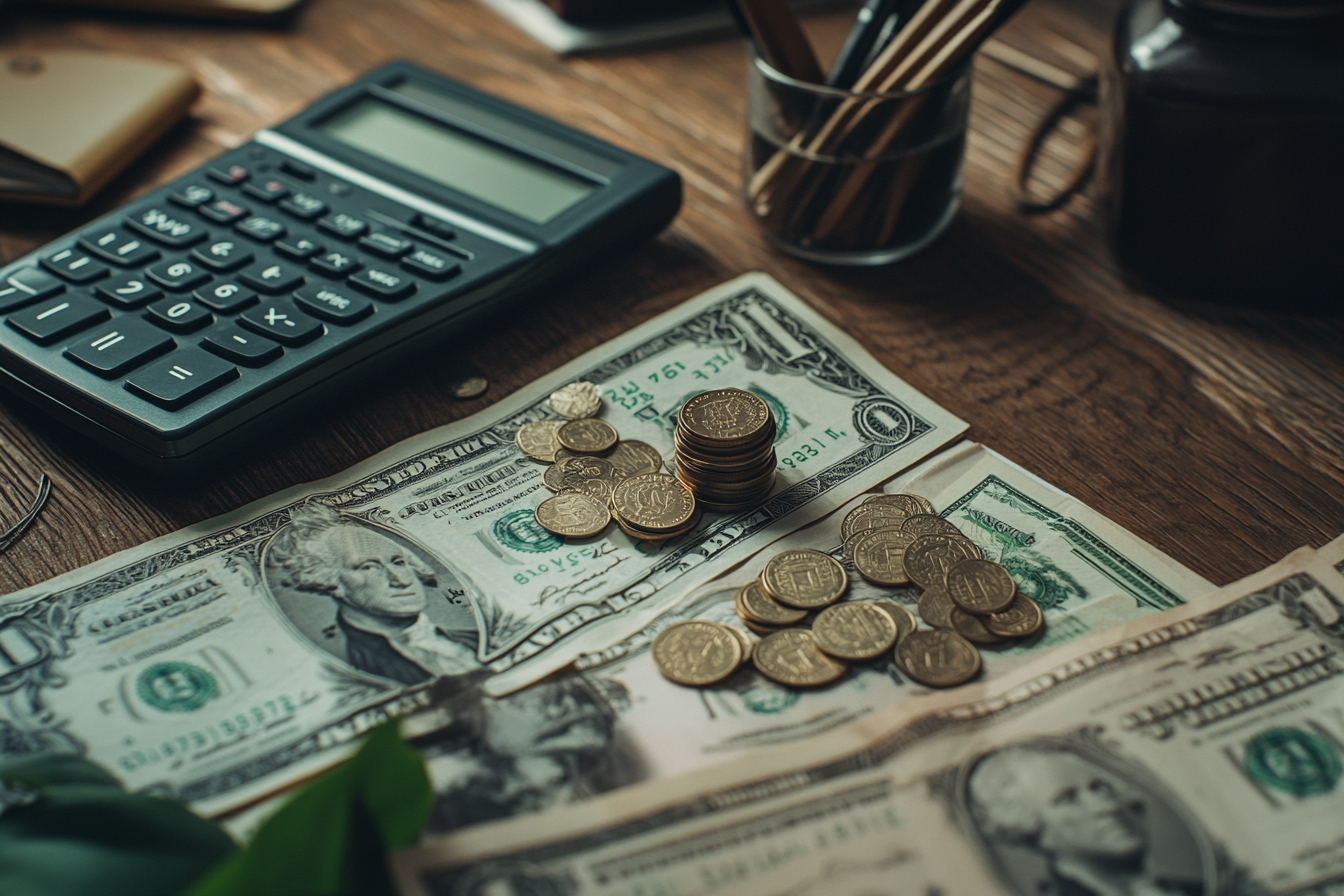 Desk with Money, Coins, Calculator