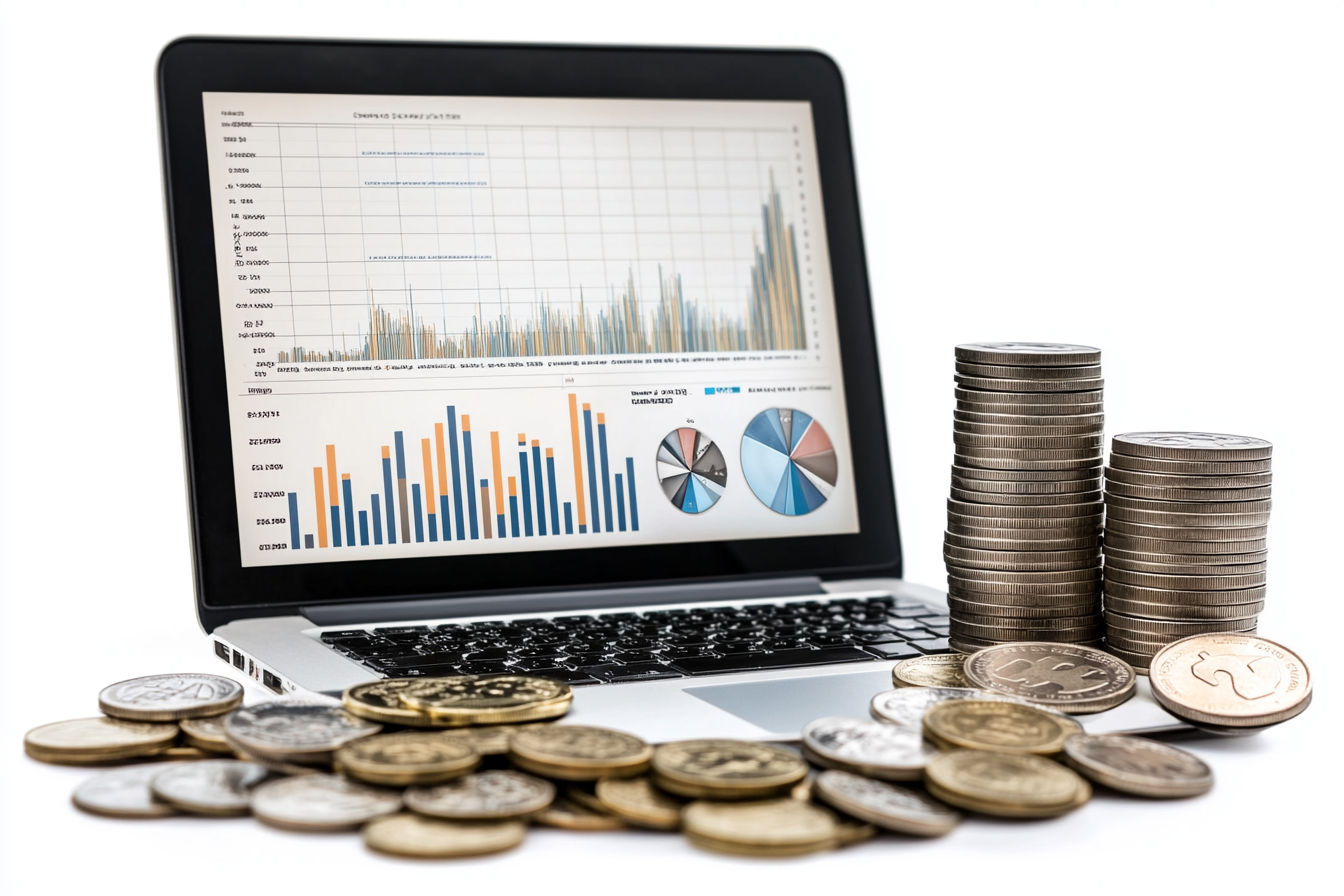 Financial graph on laptop screen with currency coins