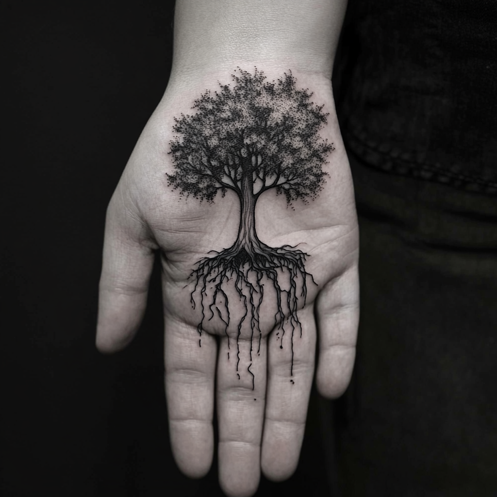 Fine line tattoo of healthy tree on hand palm.