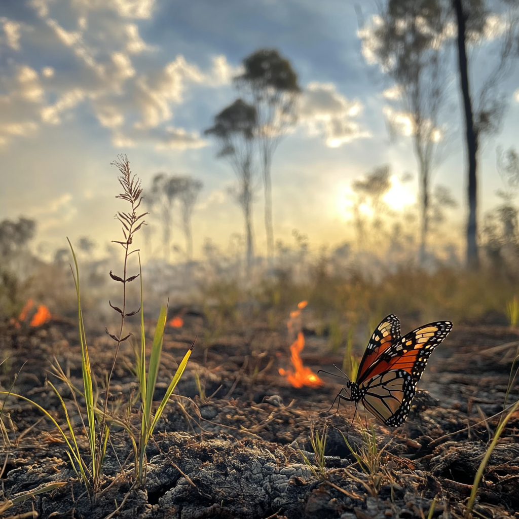 Fire burned through Australian landscape, green grasses regenerate. Butterfly returns.