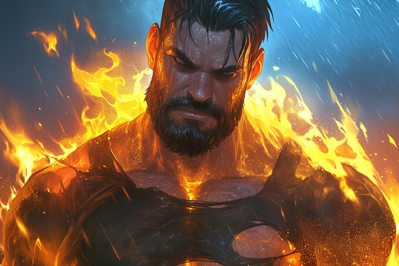 Fire engulfed, thunderstorm, muscular man in torn shirt.