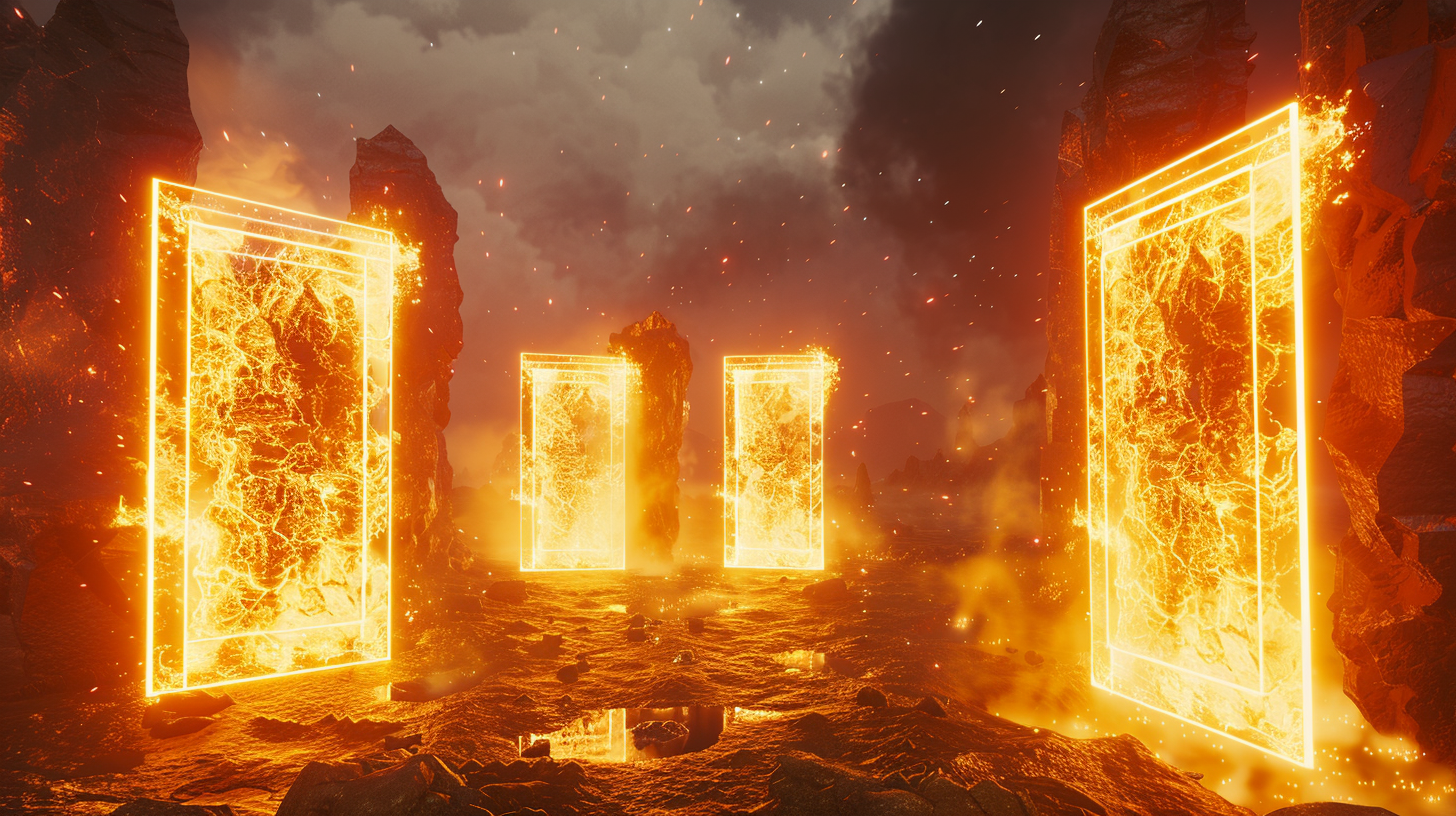 Fire frames hover above steamy volcanic rock. Unreal Engine.