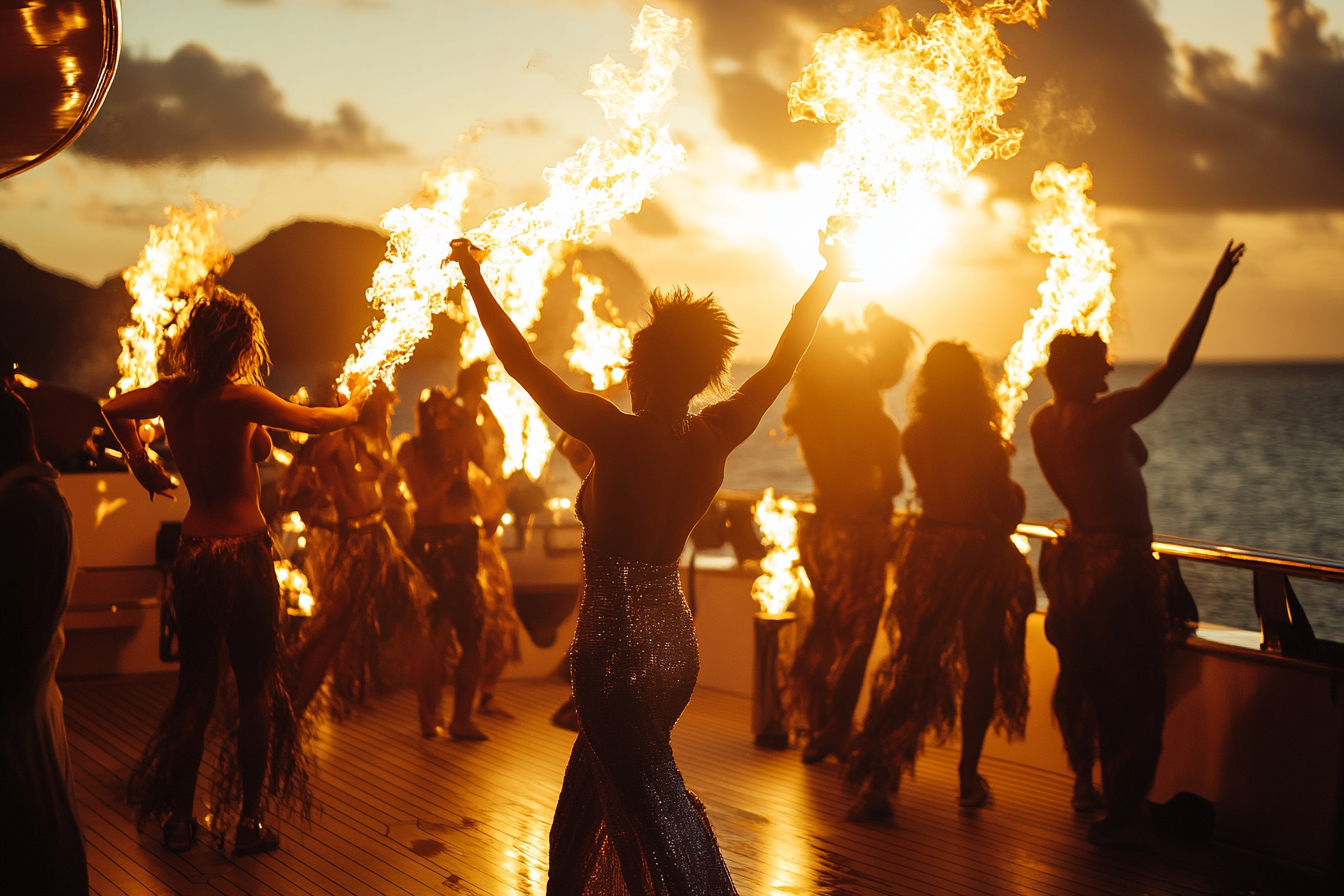 Fire performers on luxury yacht with tropical island backdrop.