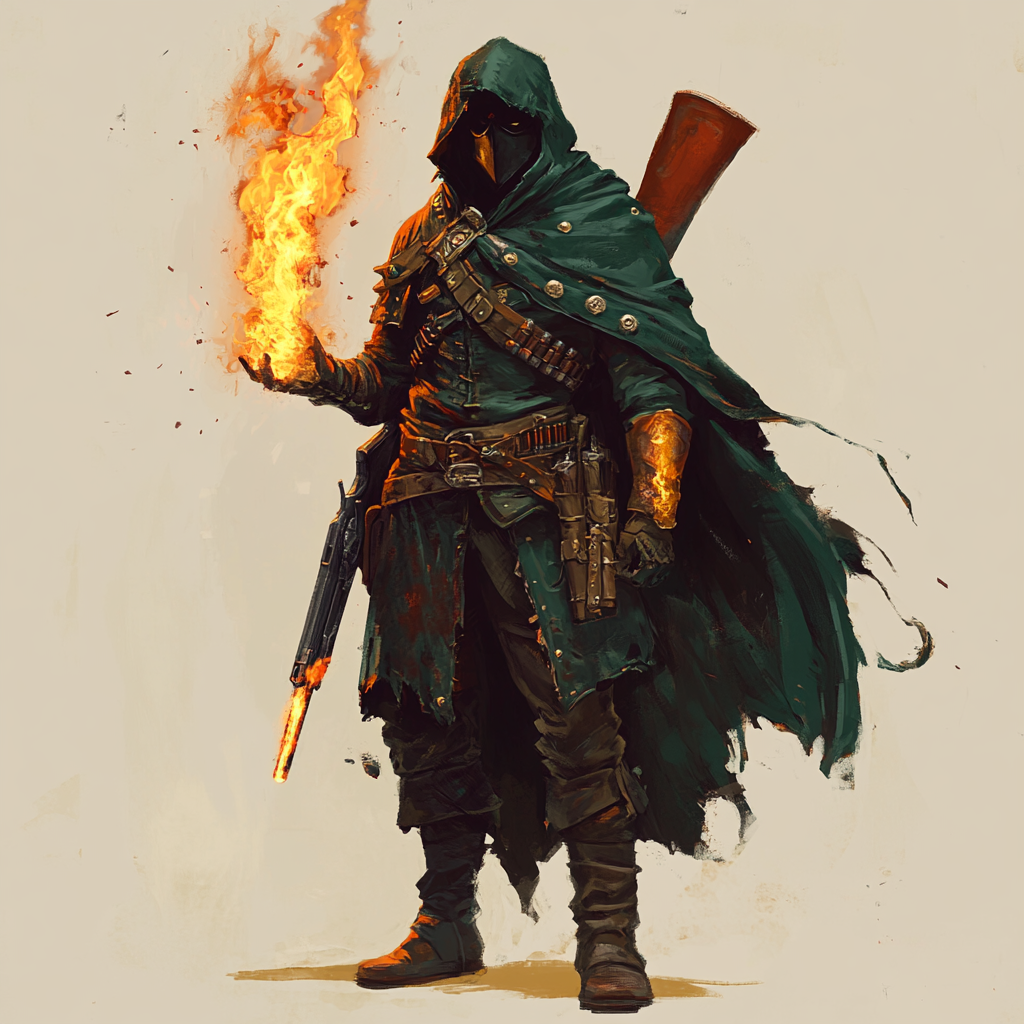 Fire-skinned gunslinger in studded leather armor, flame rifle.