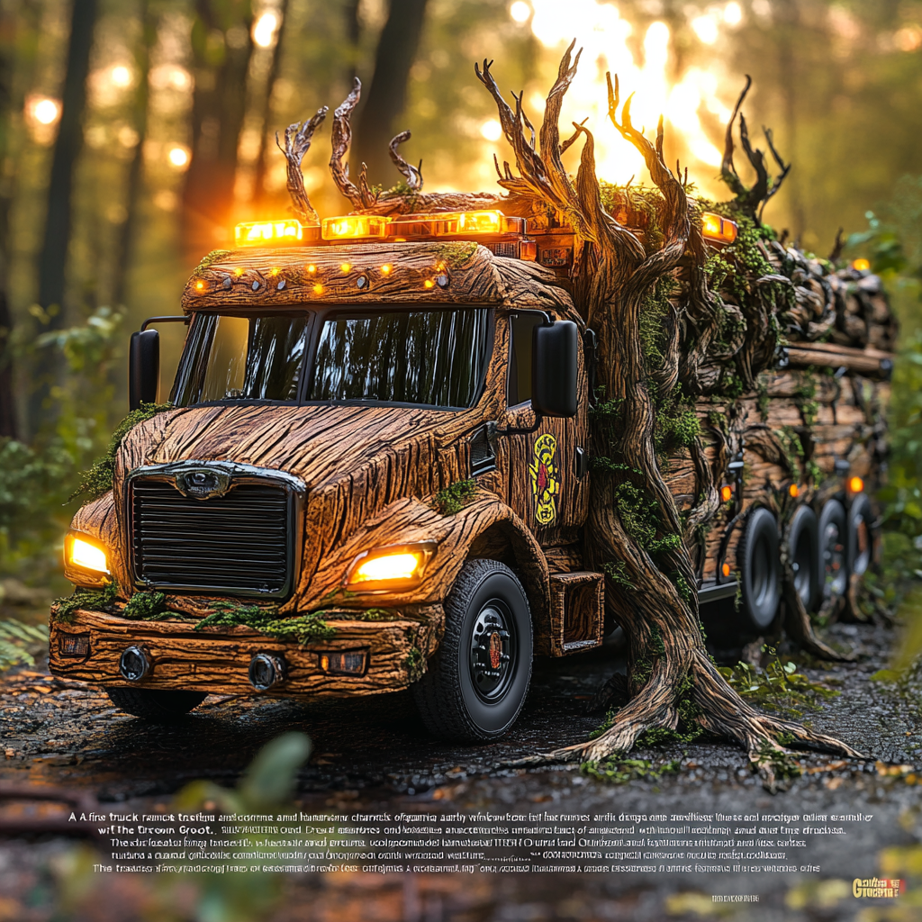 Fire truck transformed into Groot: natural design, glowing headlights.