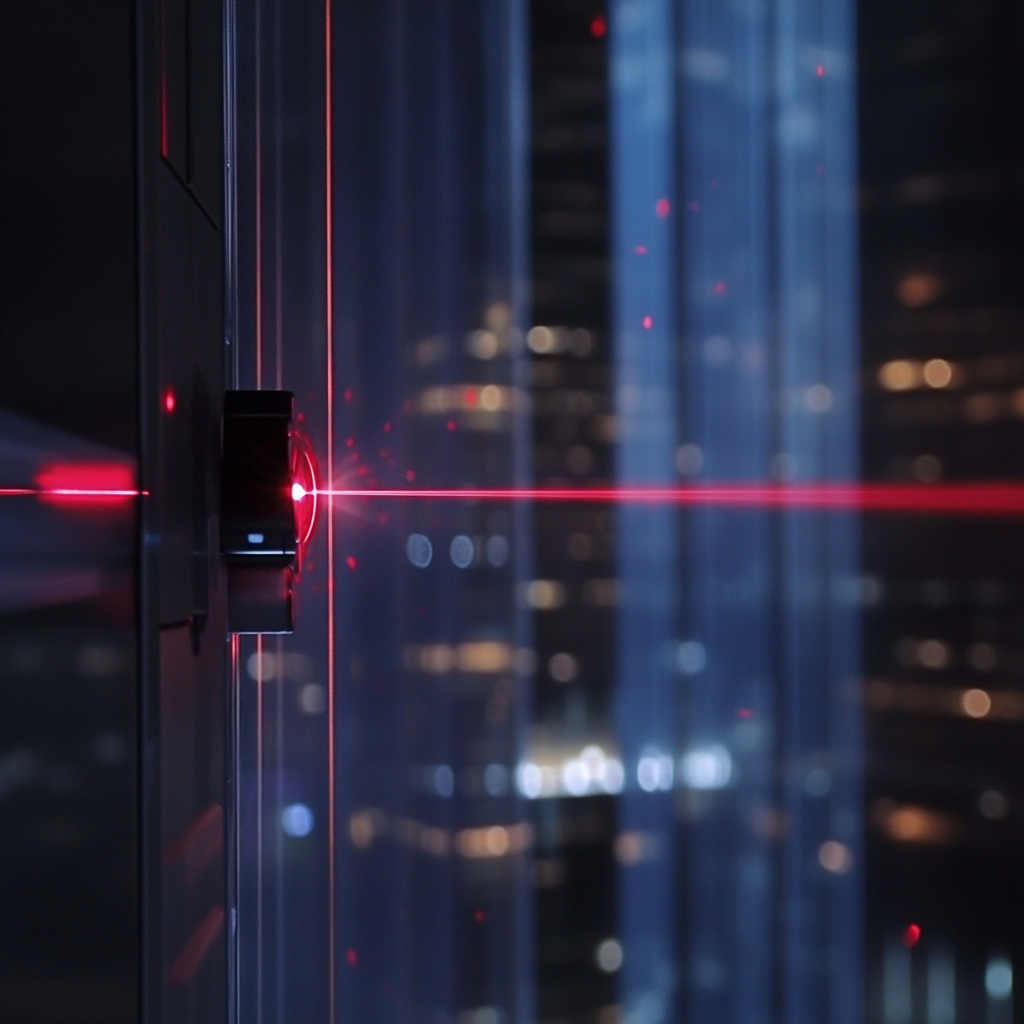 First-person view of red laser in high rise building.