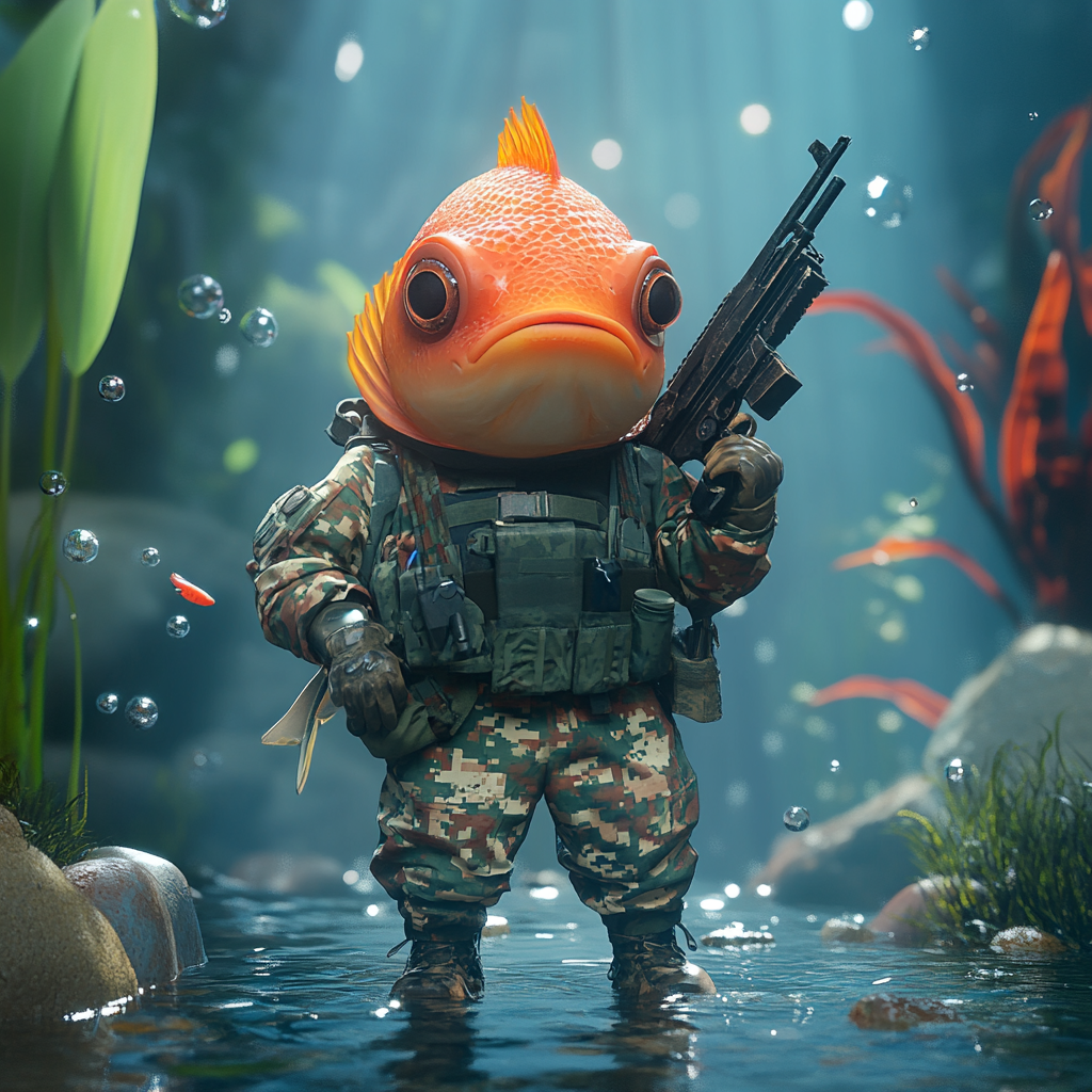 Fish in military uniform with rifle underwater scene.