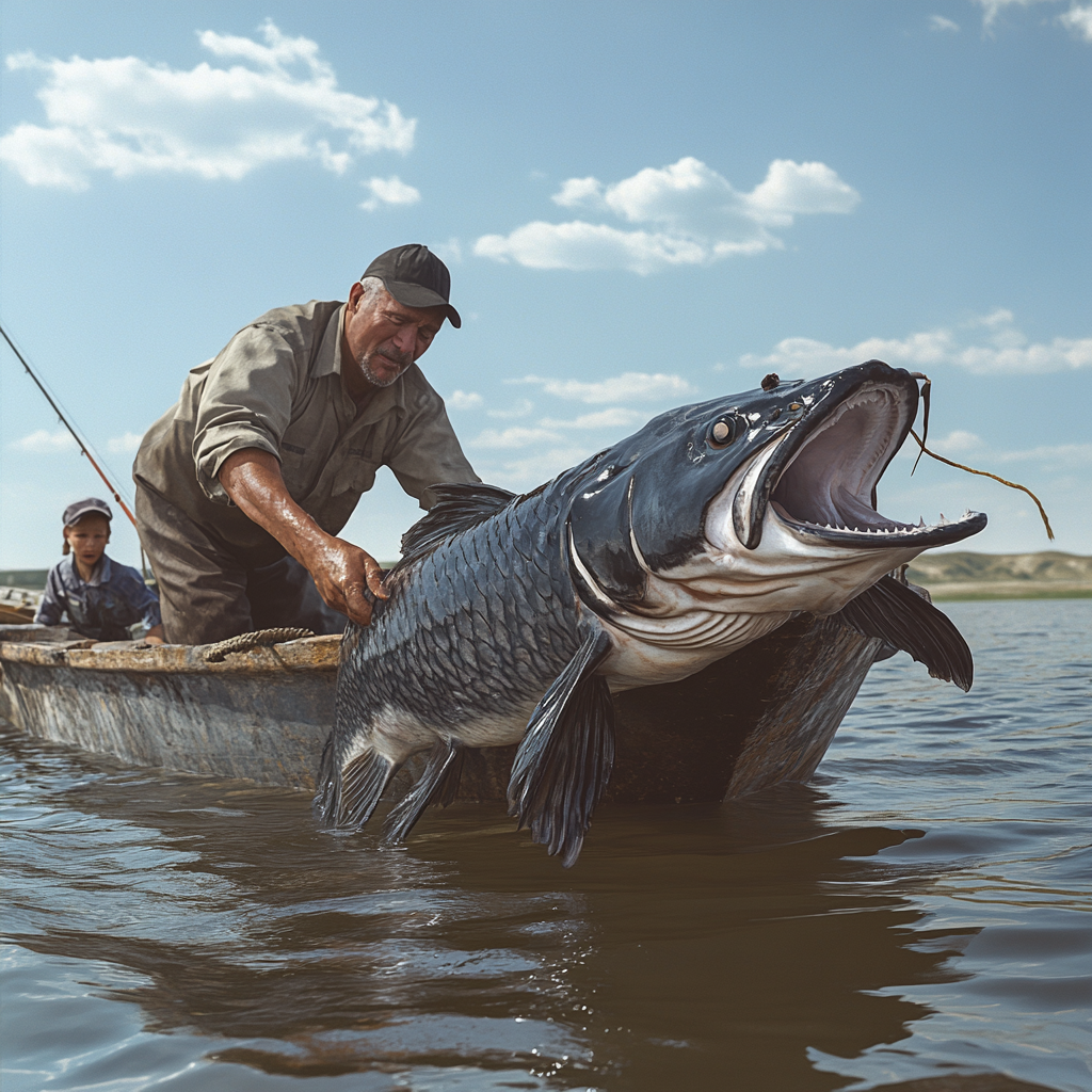 Fisherman in 50s catching catfish in Kazakhstan. Two observers.