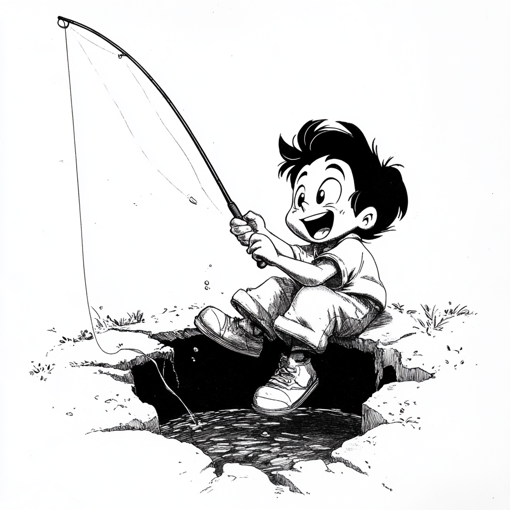 Fishing Boy in Big Hole, Disney Style Illustration