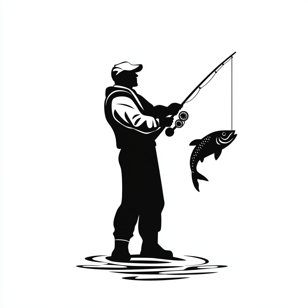 Fishing man with rod catching fish on line vector.