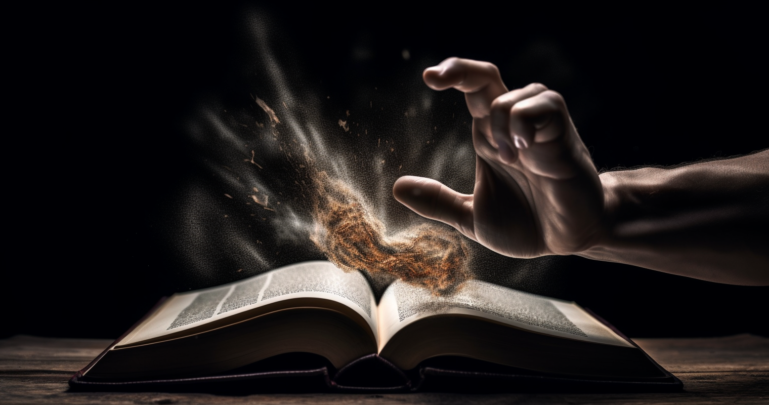 Fist breaking through book pages with dynamic lighting and blur.