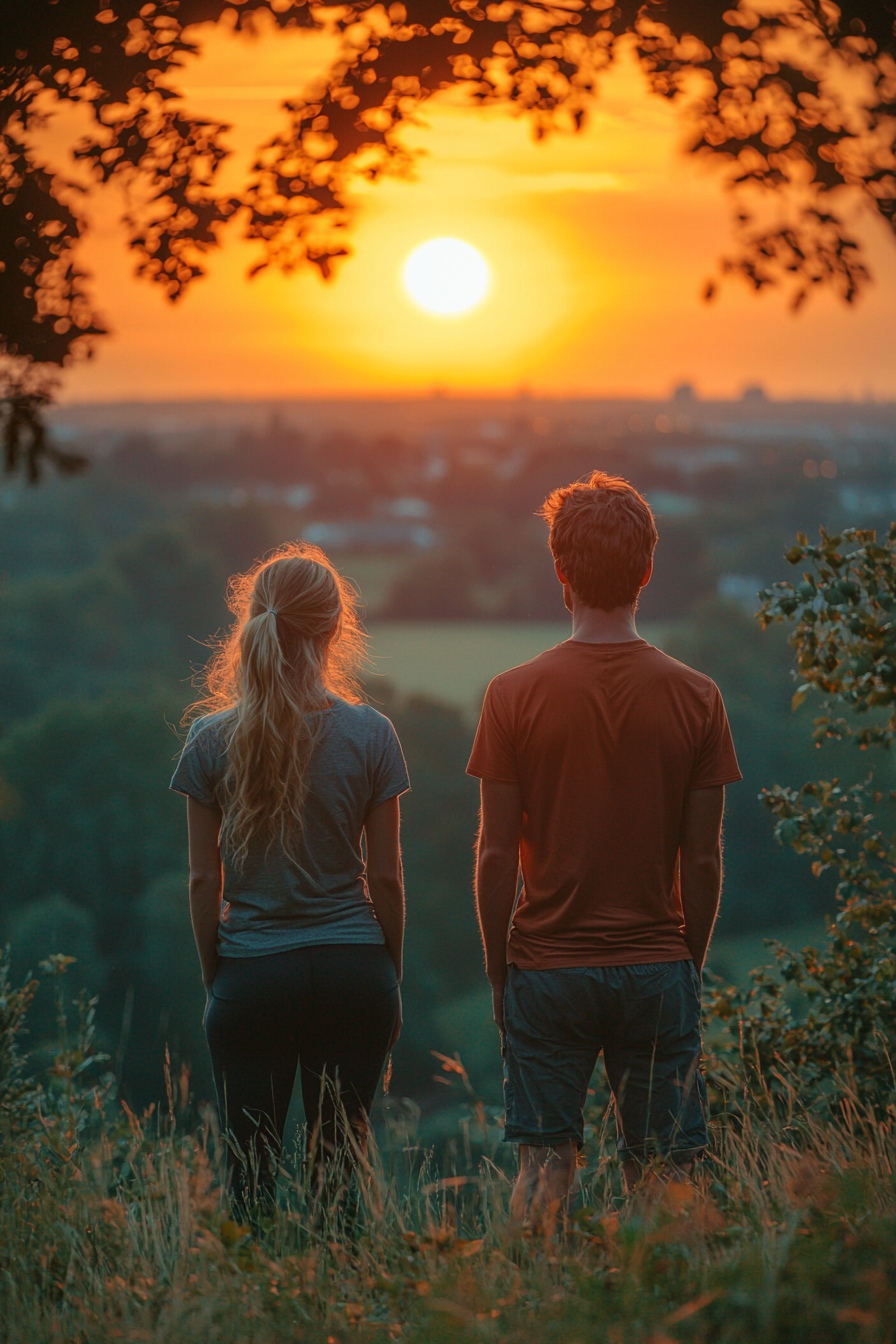 Fit Couple Embracing Sunset on Grassy Hill