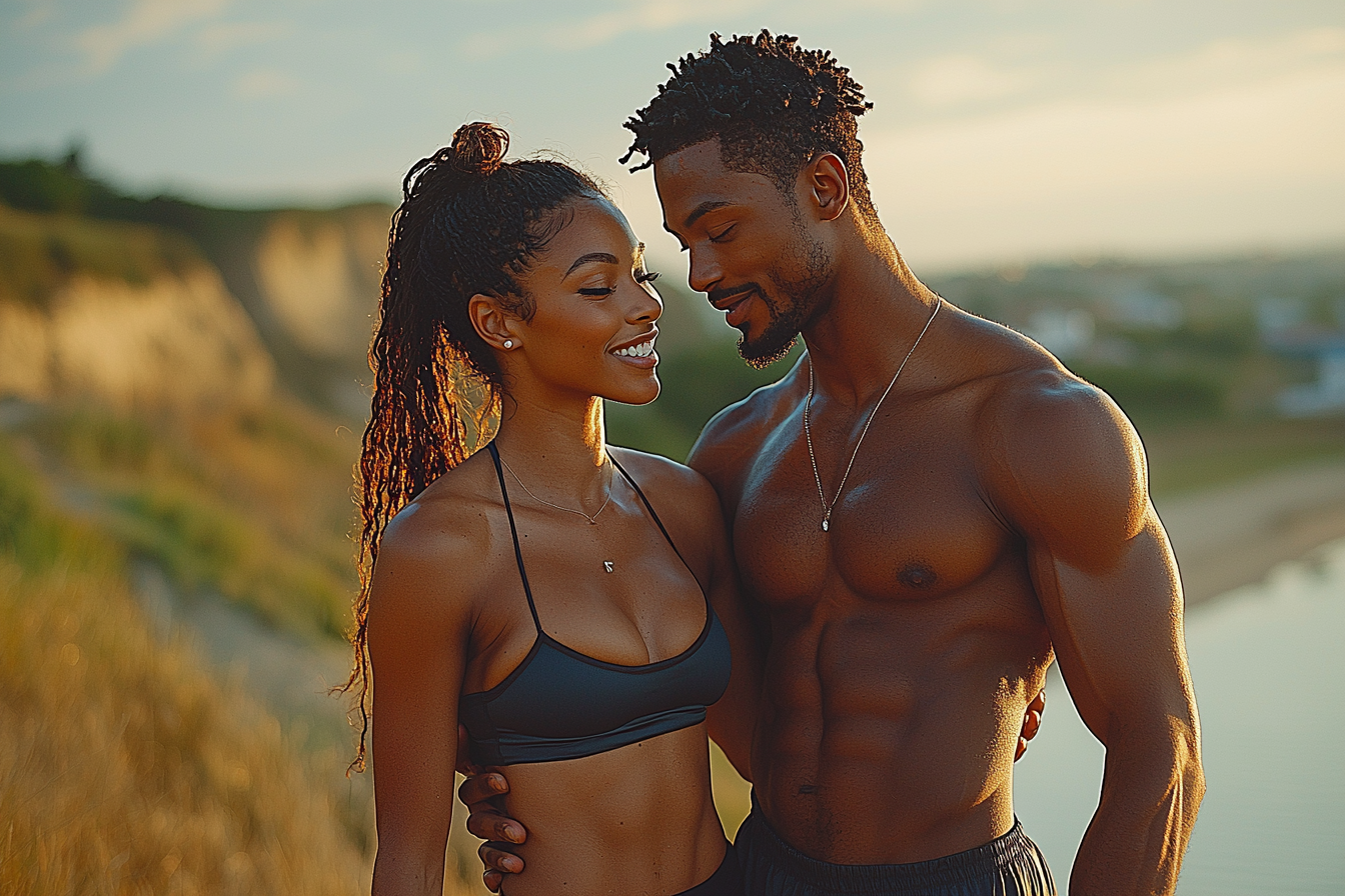 Fit Couple Embracing in Nature at Sunset