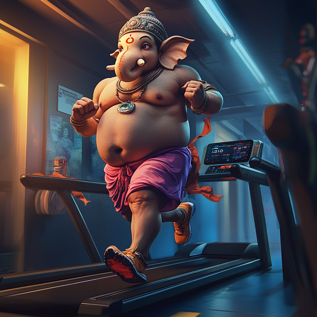 Fit Lord Ganesh running on treadmill in athleisure. Apple watch showing heart rate.