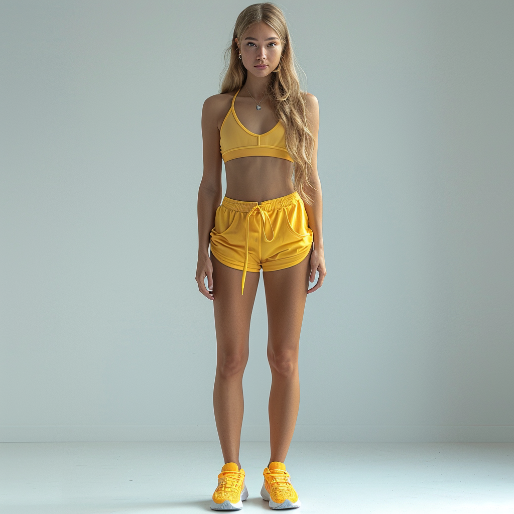 Fit girl in yellow workout outfit, full body view