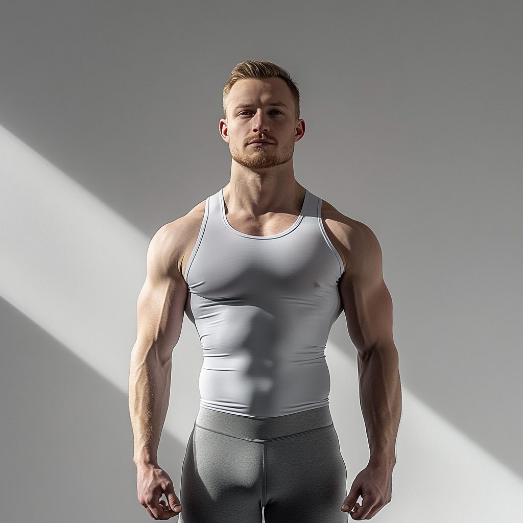 Fit man in tight tank stands in studio.