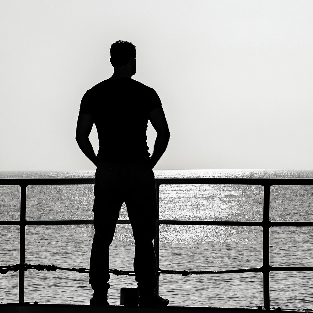 Fit yachtsman admiring sea view from pontoon silhouette.