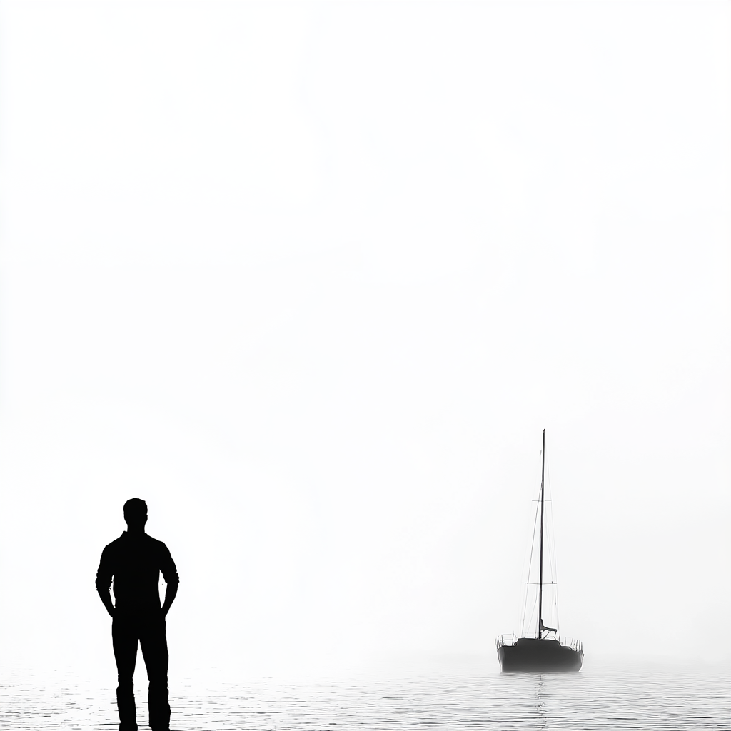 Fit yachtsman stands by sea, black silhouette over white.