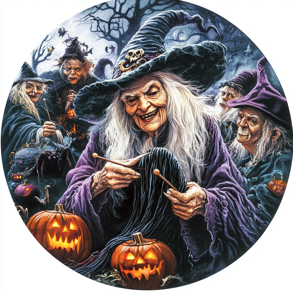 Five Halloween Witches Knitting a Black Scarf