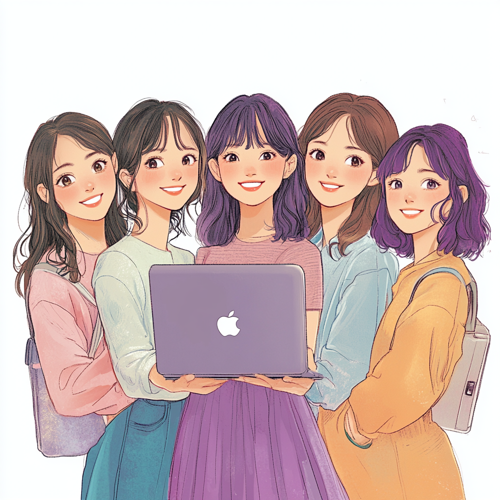 Five Japanese women holding Mac computers, smiling. Glossy hair, purple and blue gradients.