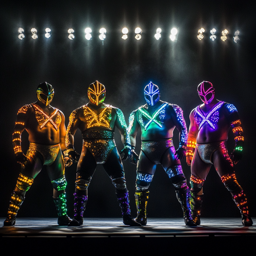 Five Luchadores Pose in Brightly Lit Ring