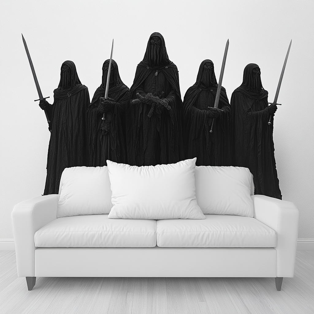 Five Nazgul in black robes with swords standing.