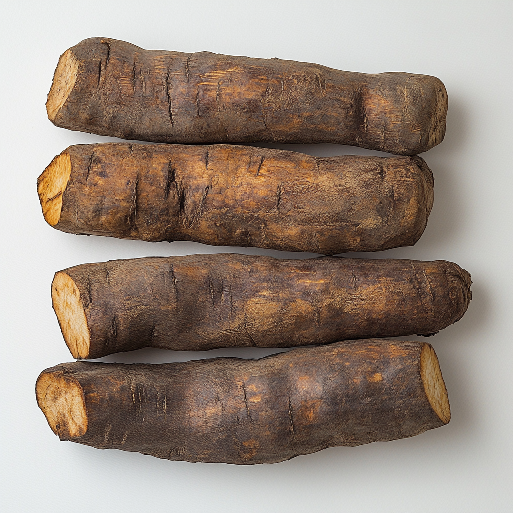 Five brown wild yams stacked on white surface.