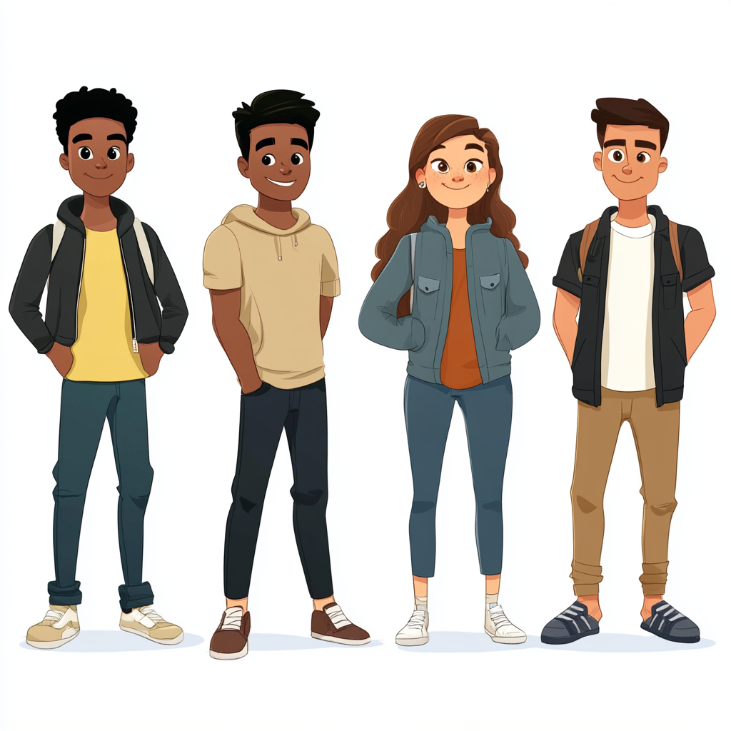 Five different male middle school student cartoon images.