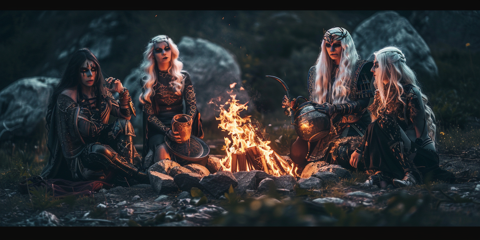 Five goddesses in front of bonfire, captured by camera.