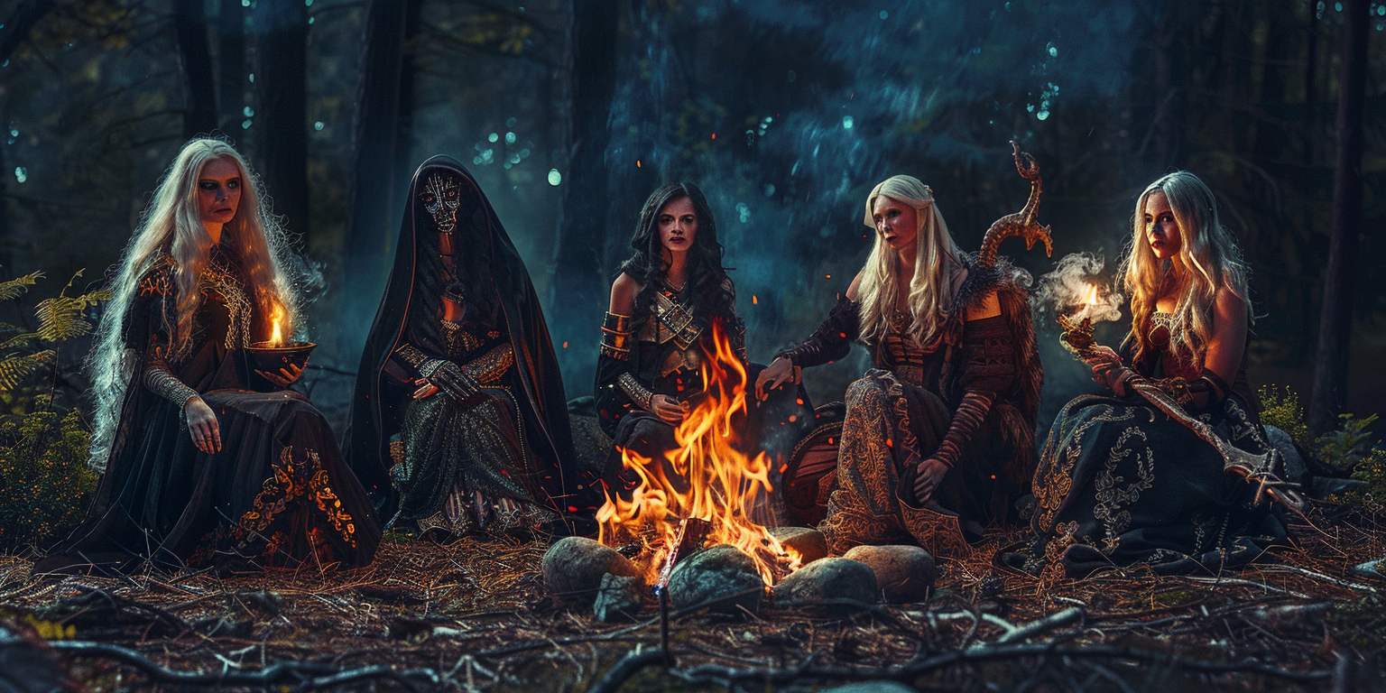 Five goddesses sitting by a campfire, captured photographically.