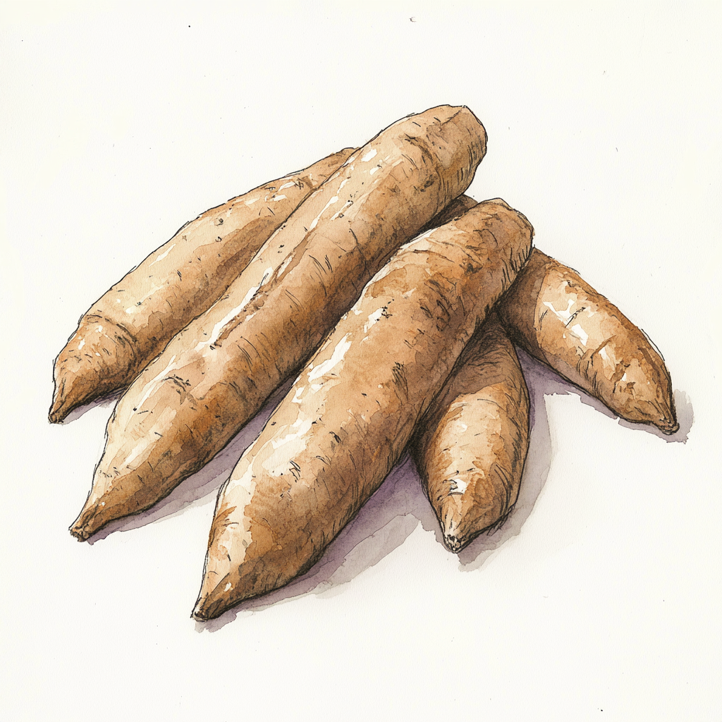 Five long wild yams in watercolor drawing.