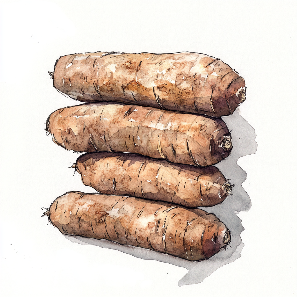 Five long wild yams stacked together in watercolor