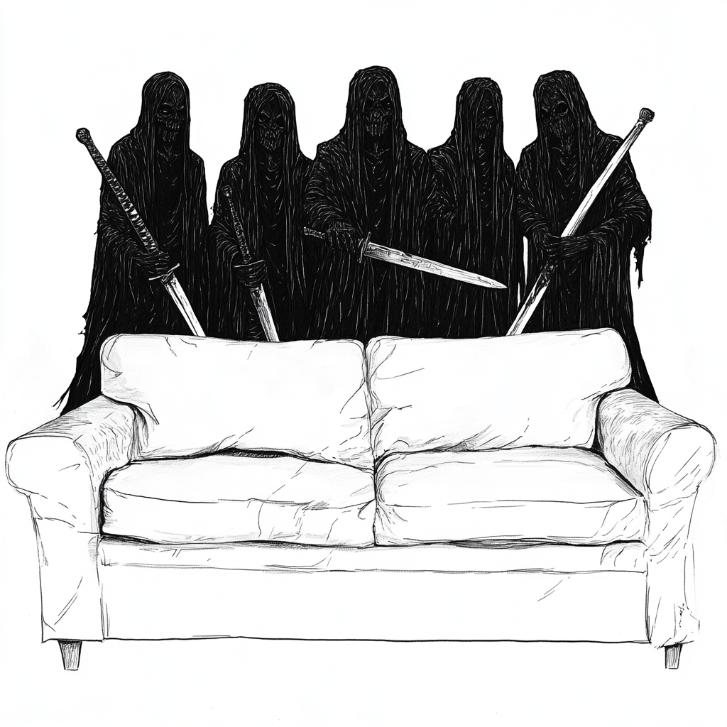 Five nazghouls in black robes with swords, pillow on sofa.