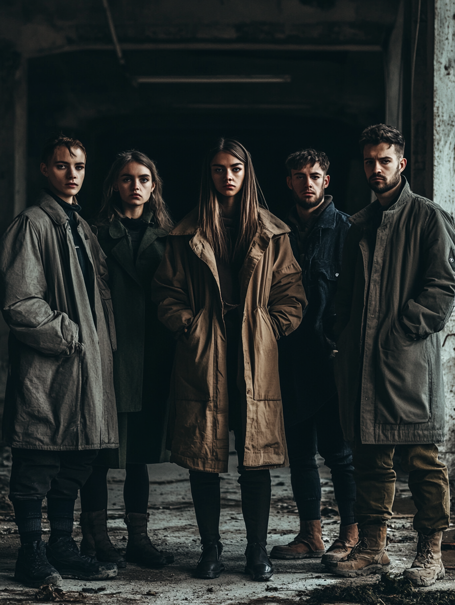 Five people in abandoned barracks on stormy island.