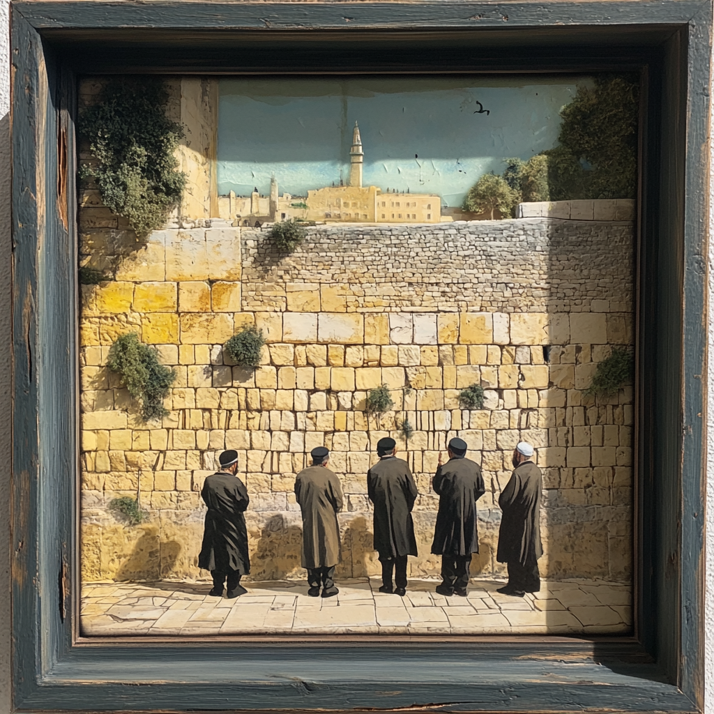 Five rabbis praying at Western Wall in shadowbox