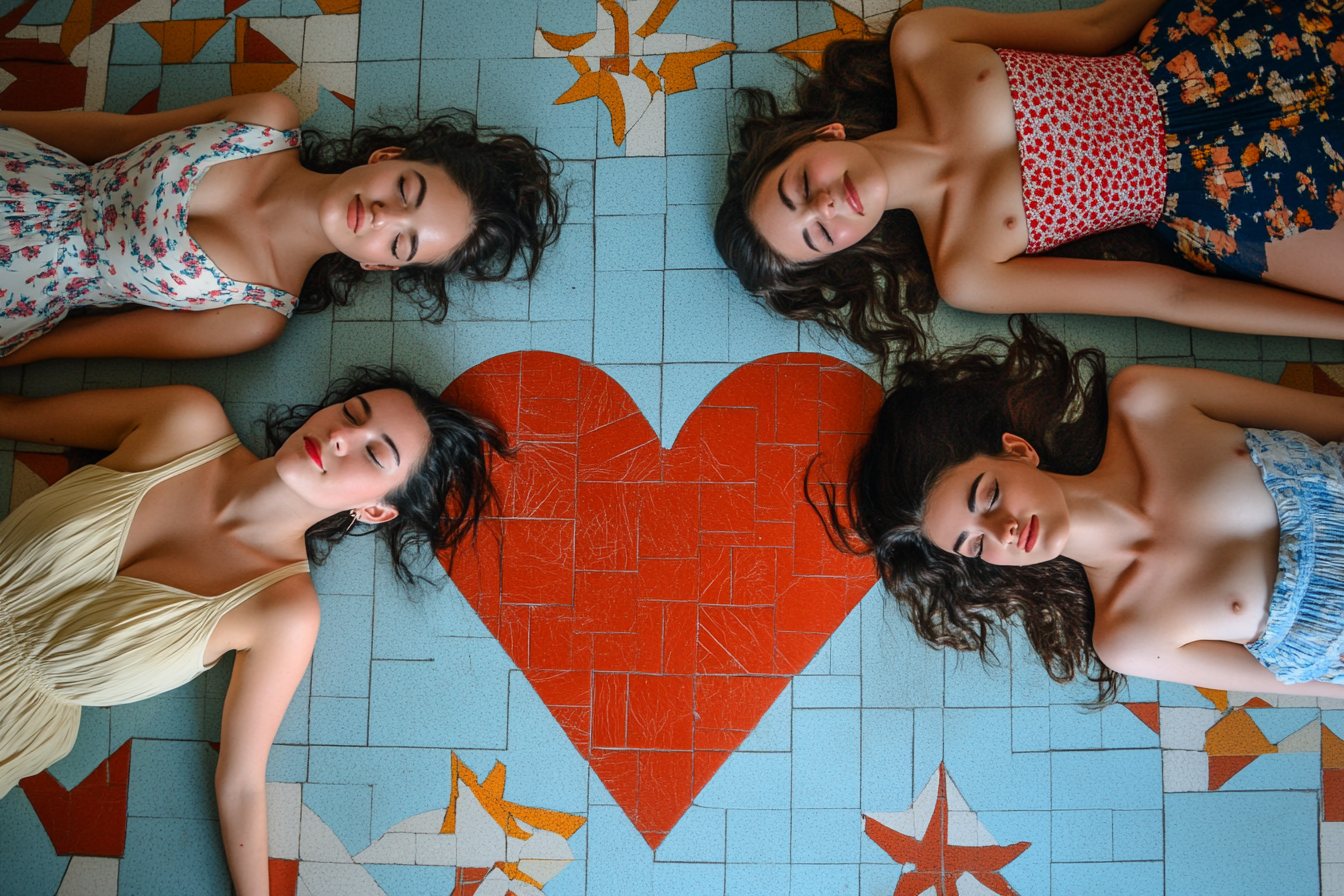 Five women lay in kitchen on heart-tiled floor