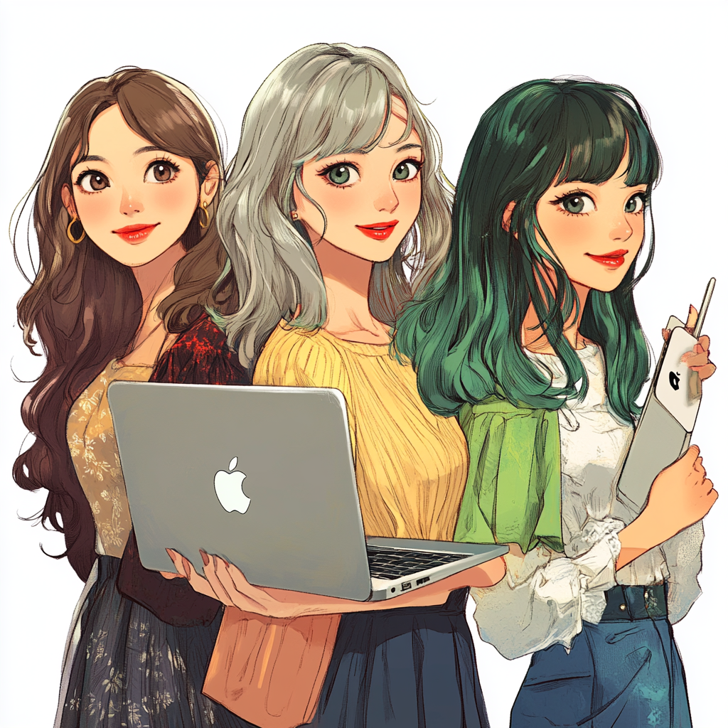 Five young Japanese women smiling and holding Mac computer.