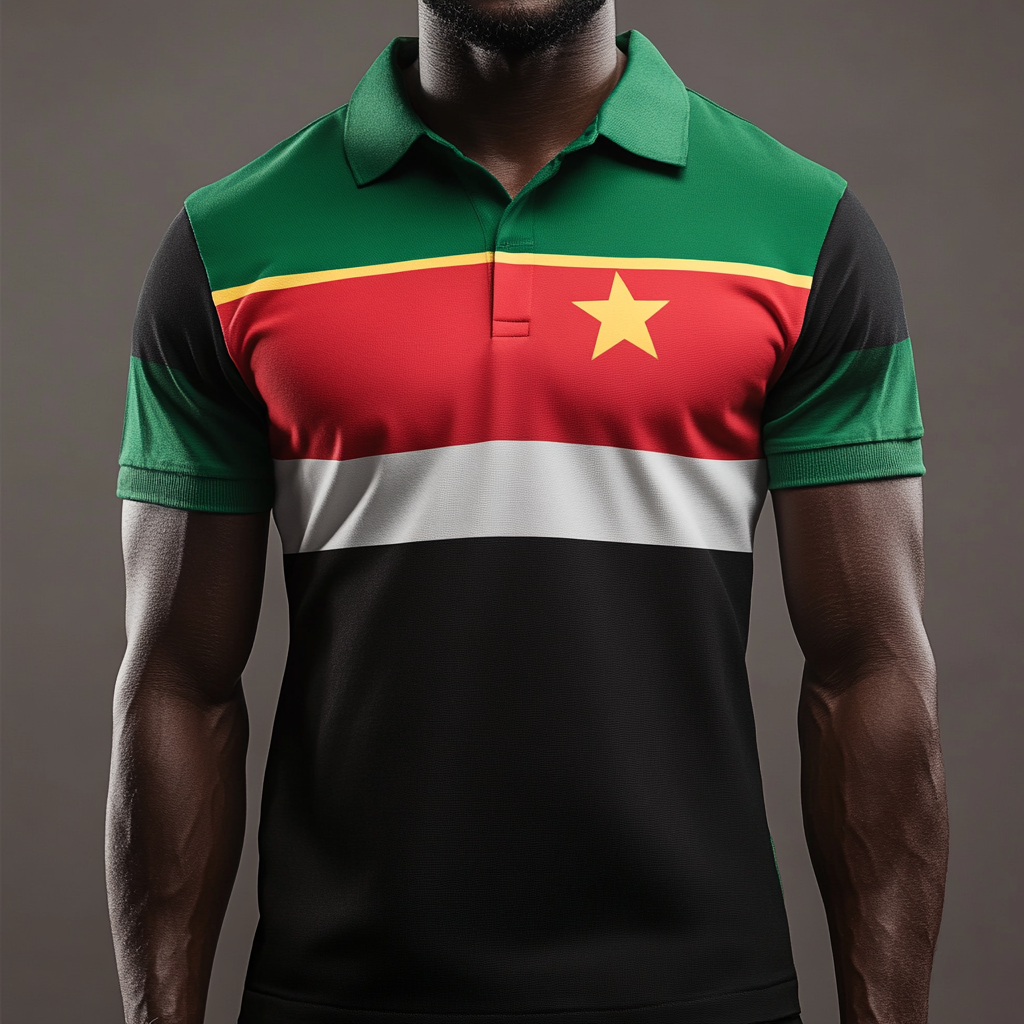 Flag-covered polo shirt for black man with athletic build.