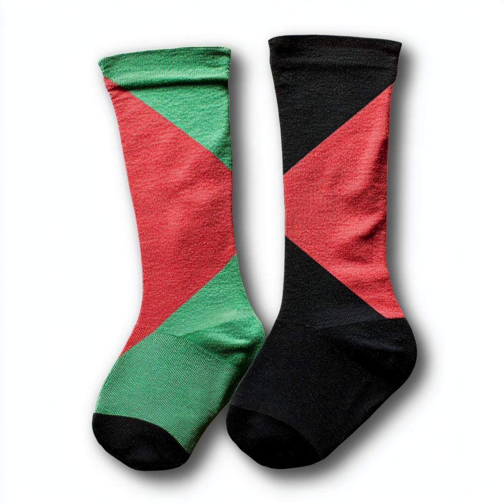 Flag design socks with red triangle, green, and black.