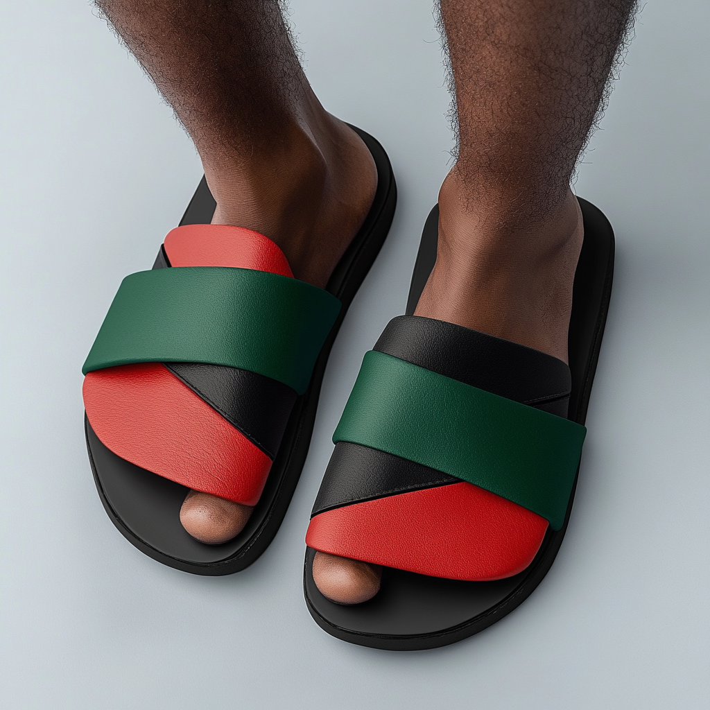 Flag-inspired sandals for black man with red triangle design.