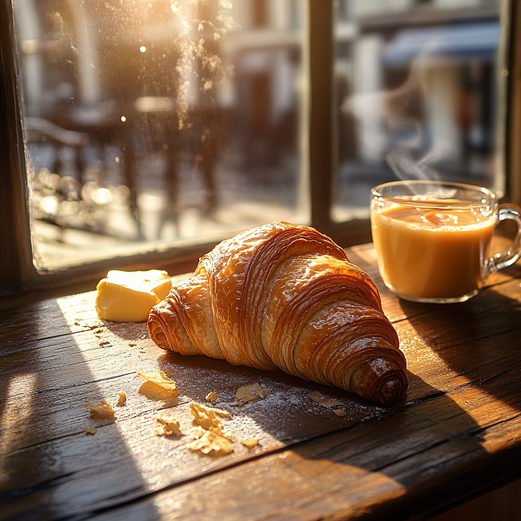 Flaky croissant on table in sunlit Parisian cafe