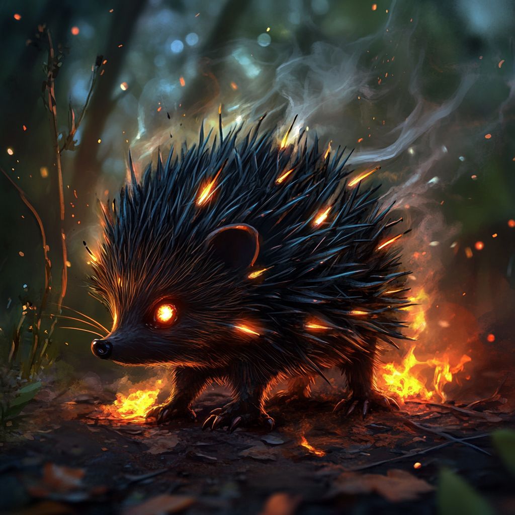 Flaming hedgehog in magical forest with glowing eyes.