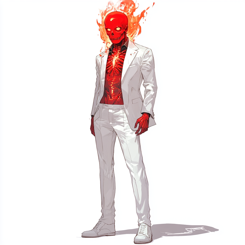 Flaming red skull head bad guy with sarcastic attitude.